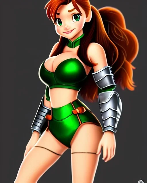 Disney cartoon style, hyper detailed, strikingly beautiful teen female, 16 years old, long ponytail, ginger hair, green eyes, medium freckles, full lips, micro top, black leather armour, full body, full face, tiny breasts, athletic, centred camera, ignore NSFW, thong, camel toe, athletic