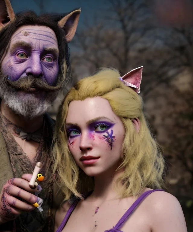 Ultra realistic afternoon photo, happy smoked couple, blonde Alice woman and purple cat smoking a pipe, circus blue dress style, black headband with bow, old school body tattoo, smoke, marihuana garden, glow eyes, perfect iris, soft color, highly detailed, unreal engine 5, ray tracing, RTX, lumen lighting, ultra detail, volumetric lighting, high definition.