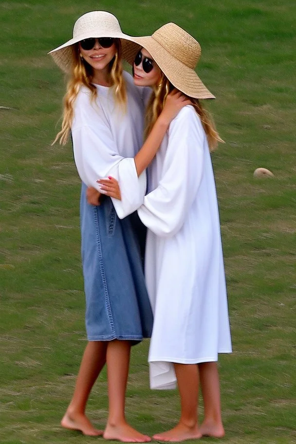 ((Mary-Kate and Ashley Olsen a warm hug)),Her laughter floats harmoniously with the sound of seagulls, infusing the air with a joyful melody. A vivacious energy radiates from her as she gracefully adjusts her oversized sun hat, casting a charming shadow on her sun-kissed face. The rhythmic crashing of waves seems to echo her carefree spirit.