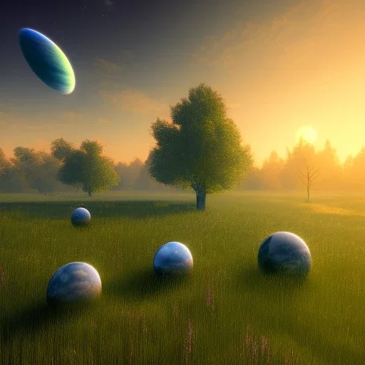 blue transparent planet on the left, green meadow, sunset, photorealistic, 8k