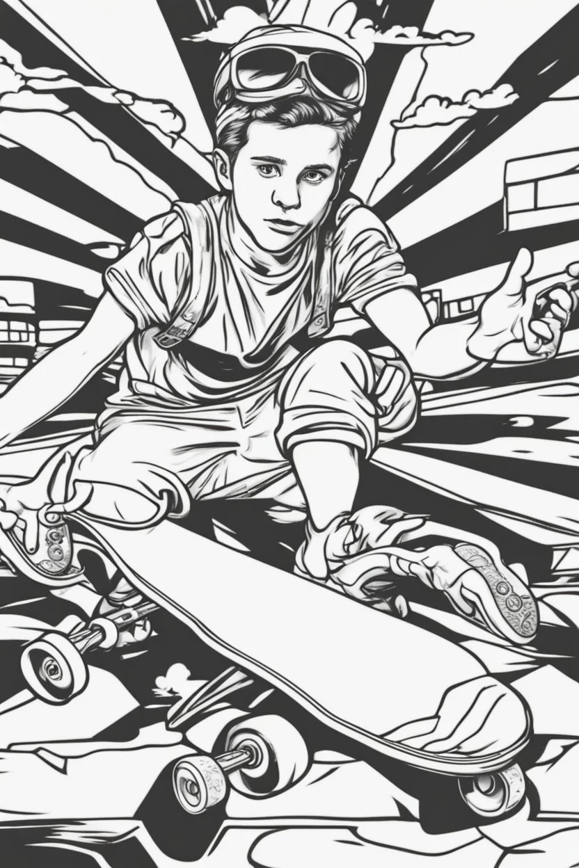 coloring page for kids, SKATEBOARD, thick outline, low details, no shading, no color