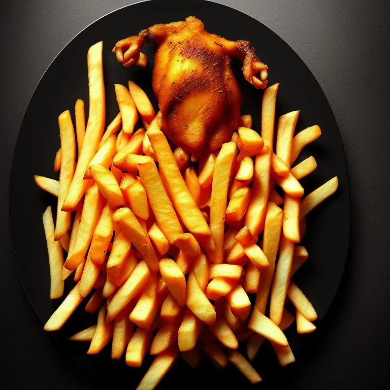 a nice juicy small cyborg chicken with french fries on a big black plate