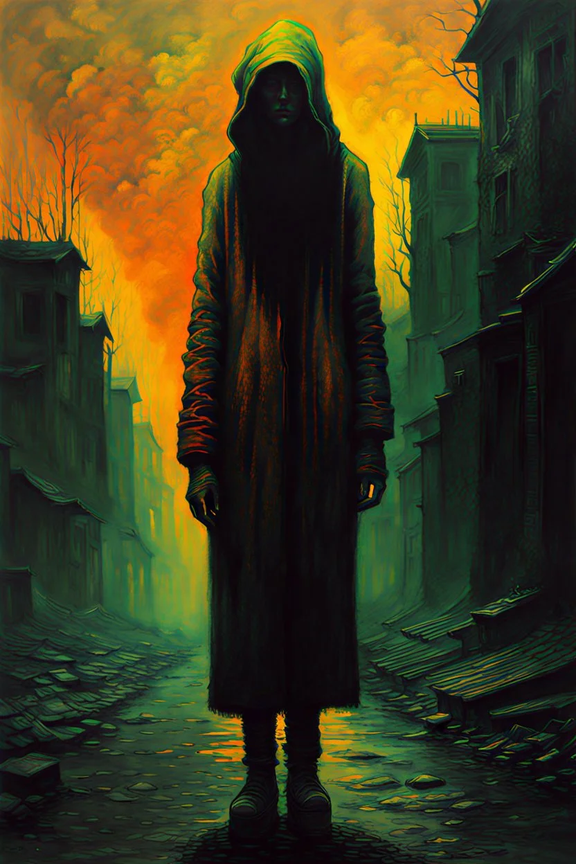 A surreal full body homeless female wander with highly detailed facial features in the style of Zdzislaw Beksinski, dark luminous colors and otherworldly aesthetic.