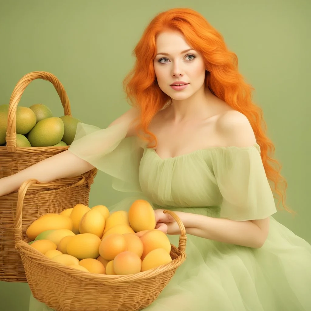 A beautiful young woman with orange hair sitting in a light green dress with a basket full of mangoes. All on a light background that can be easily removed.