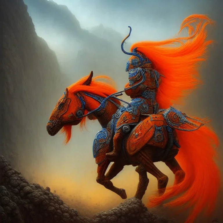 angry horse in orange and blue battle armor, a highly detailed illustration, background of Inka jungle, realistic render, 8 k, micro detail, intricate, elegant, centered, digital painting, Artstation, smooth, sharp focus, illustration, artgerm, tomasz alen kopera, peter mohrbacher, donato giancola, joseph christian leyendecker, wlop, boris vallejo