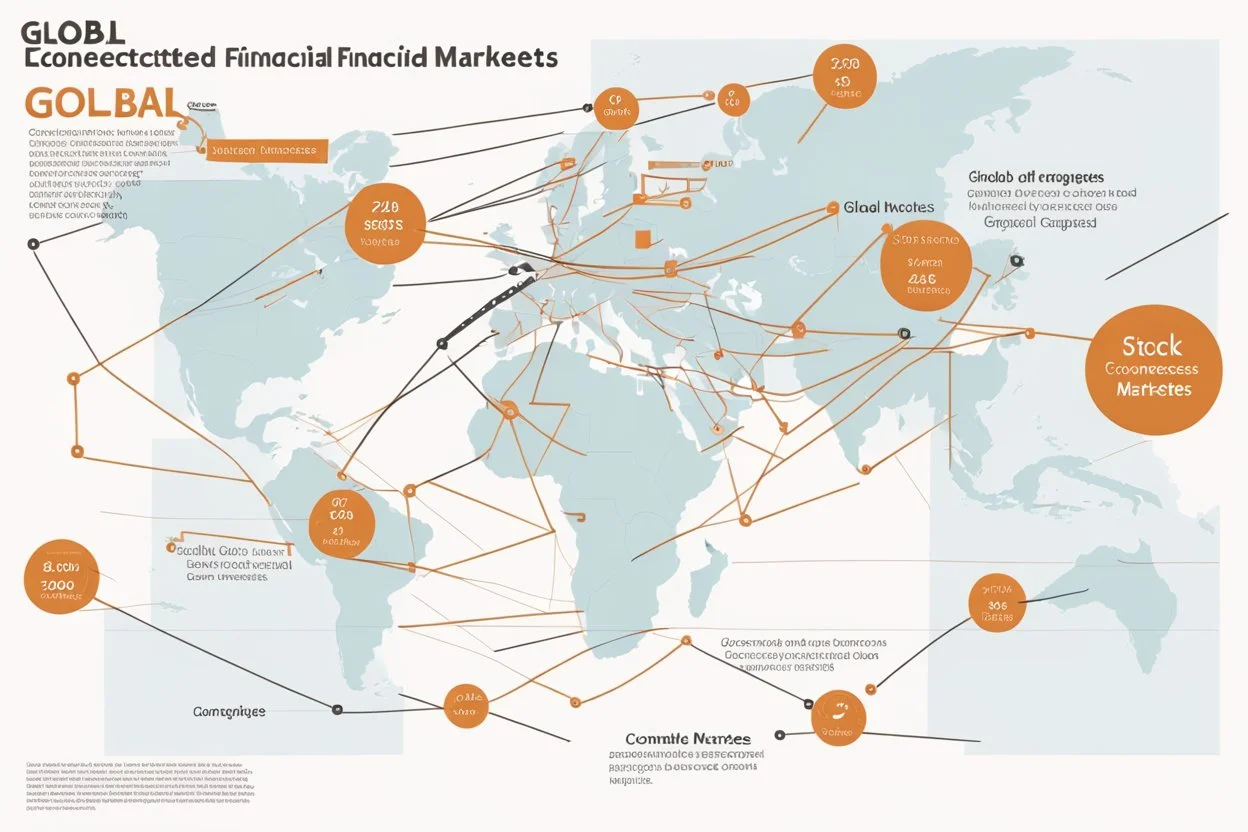 An infographic showing the interconnectedness of global financial markets, including stock exchanges, commodity markets, and bond markets. flat. without text