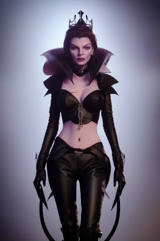 Lauren Bacall as evil queen in black leather, leather, busty, cleavage, angry, stern look. character design by cory loftis, fenghua zhong, ryohei hase, ismail inceoglu and ruan jia. unreal engine 5, artistic lighting, highly detailed, photorealistic, fantasy