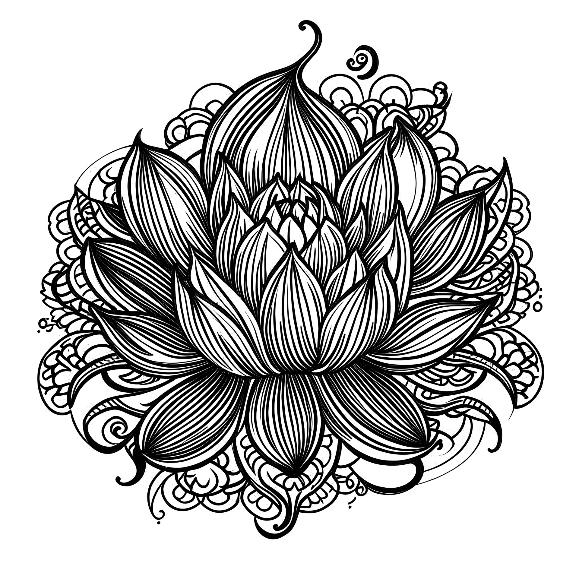 simple line art neo-traditional style lotus tatto simetris black and white outline only