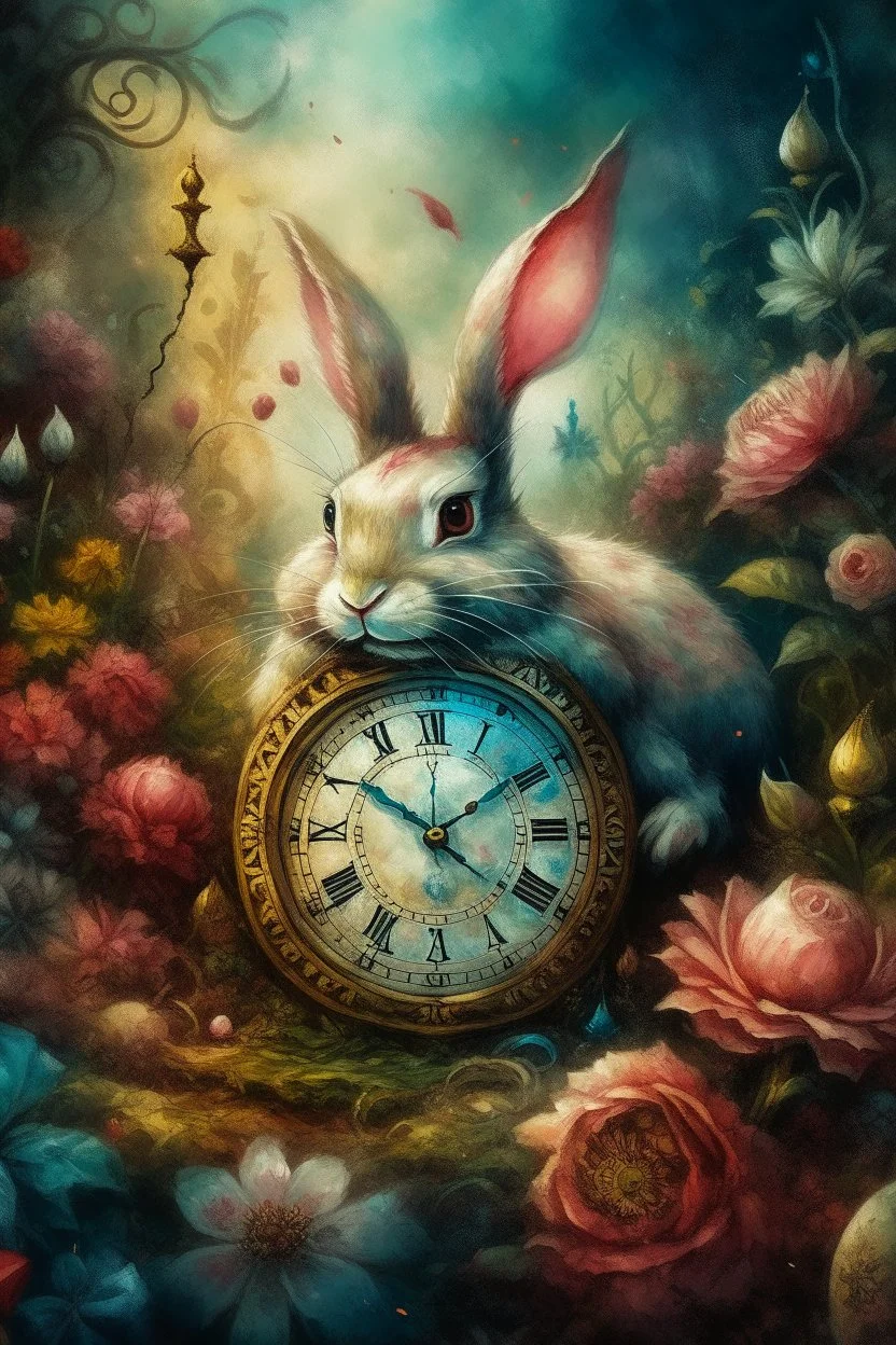 The fairy tale "Alice in Wonderland", a rabbit with a clock hurries among the bushes of vintage roses Oil on silk, work of art, hyperdetalization, professionally, filigree, misty haze,surrealism, transparent, delicate pastel tones, backlight, grunge style, three-dimensional watercolor, aesthetically pleasing, beautiful, realistic, high resolution, high detail, ISO 100 photosensitivity and aperture f/2.8, 1/250 with a 30 mm lens, 32 KB