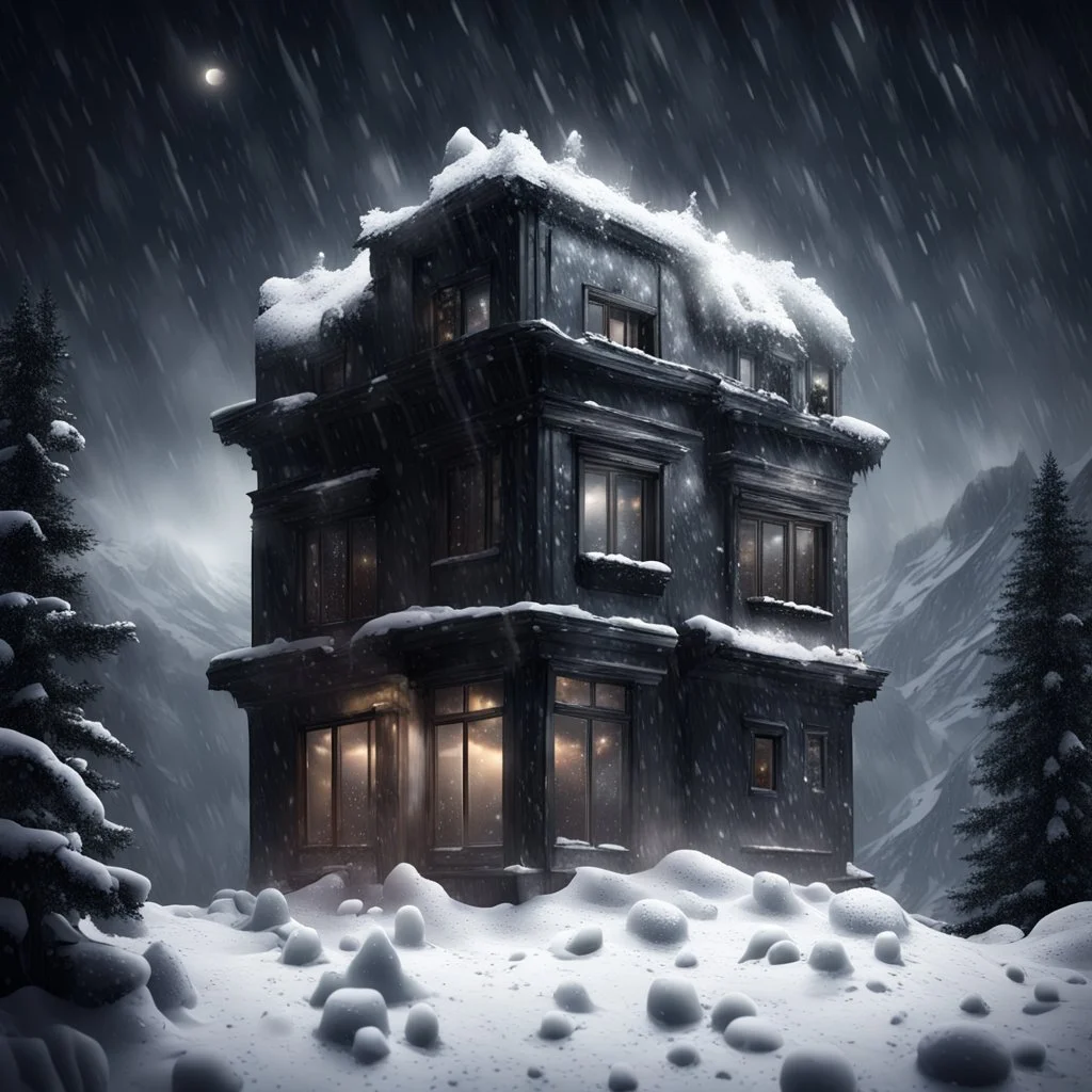 Hyper Realistic Dark haunted hotel with broken window glass & doors on the top of a mountain at heavy snowfall night