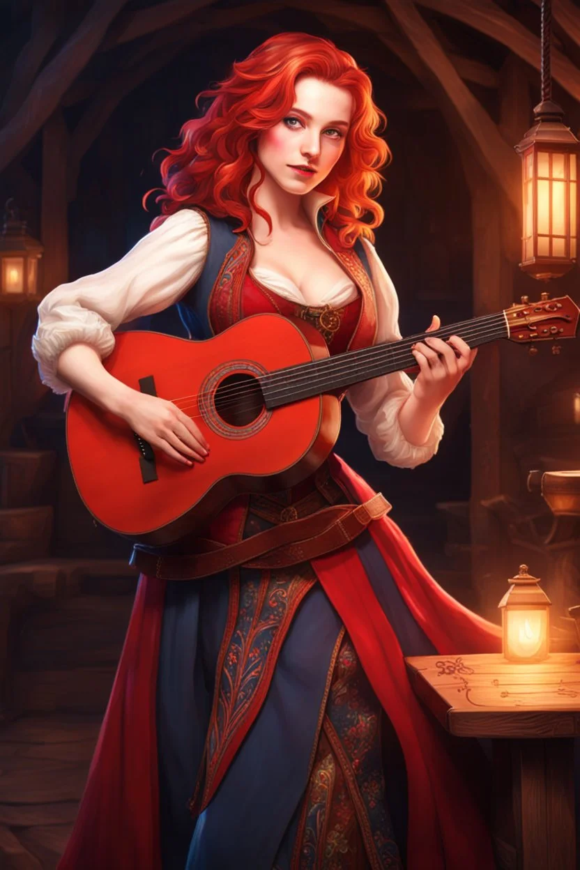 gorgeous female bard, detailed eyes, singing, pale skin, carefree expression, red wavy shoulder length hair, detailed glowing magical pattern adventurer clothing, glowing ruby implanted on clothes, 8k, high detail, tavern stage background, singing, medieval, looking at viewer, front facing