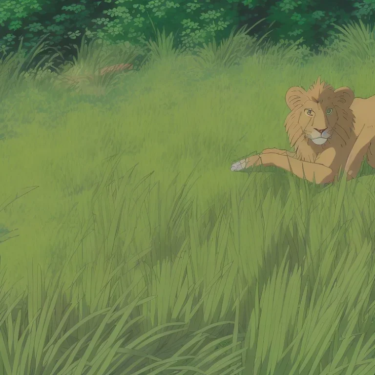 behind the tall grass in the jungle hides a cute lion.