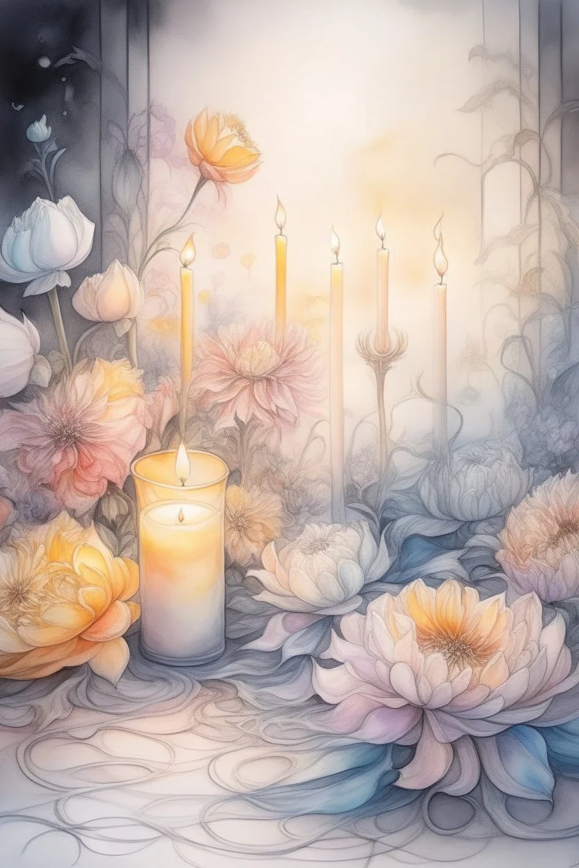 Watercolor, color, flowers, candles, purification from ghosts, subtle black ink drawing, several landscapes, collage, fog, many details,delicate sensuality, realistic, high quality,3d, work of art, hyperdetalization, professionally, filigree, hazy haze, hyperrealism, professionally, transparent, delicate pastel tones, backlight from behind, contrast, fantastic, fabulous, unreal, translucent, glowing,clear lines, horror,epic, hyperrealism.