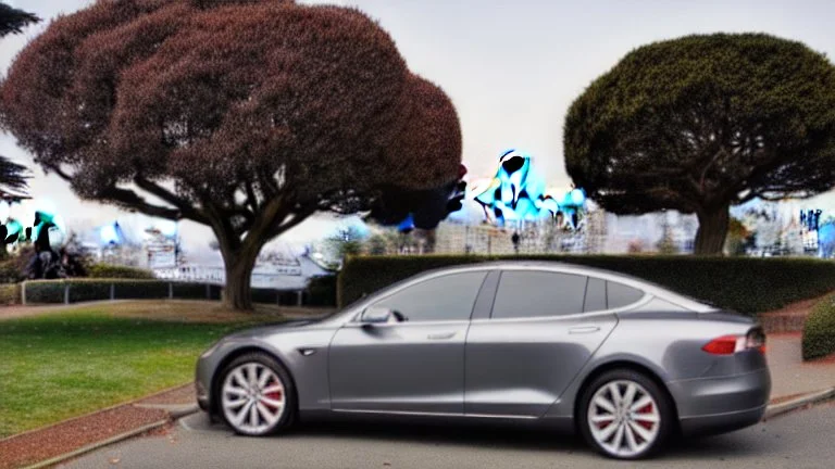 A Tesla's 'Model S Plaid' is parked, in the 'Golden Gate Park', in San Francisco. CINEMATIC. WIDE ANGLE LENS. PHOTO REAL.