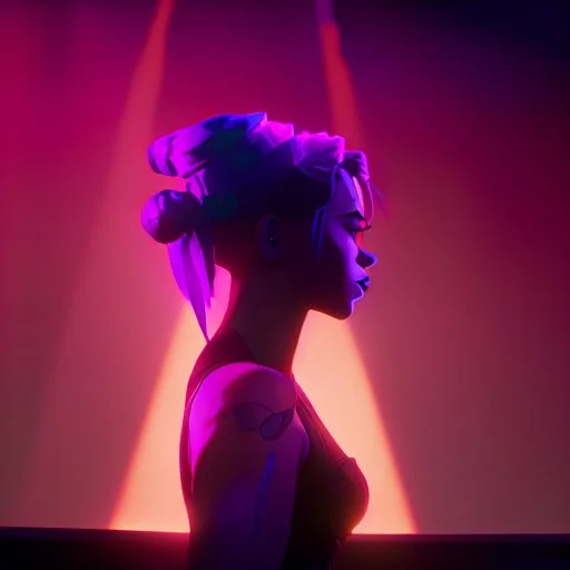 The silhouette of a musical performer in the spotlight. - very noticeable shadows - very realistic details - style: "synthwave"