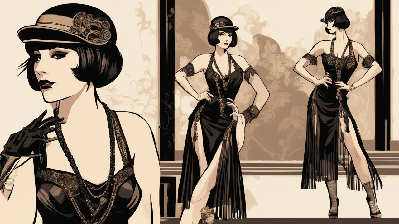 Full Body, burlesque dancer looking to the right, With A Bob With A Fringe Hairstyle, 1920s clothing, Steampunk,