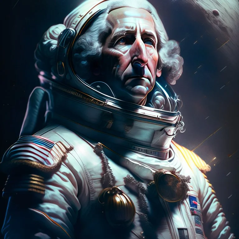 Portrait of George Washington in a space suit in the style of Jim Lee and Paul Hedley, Gabriel Testino, 8k, cinematic, ultra hd, sharp focus