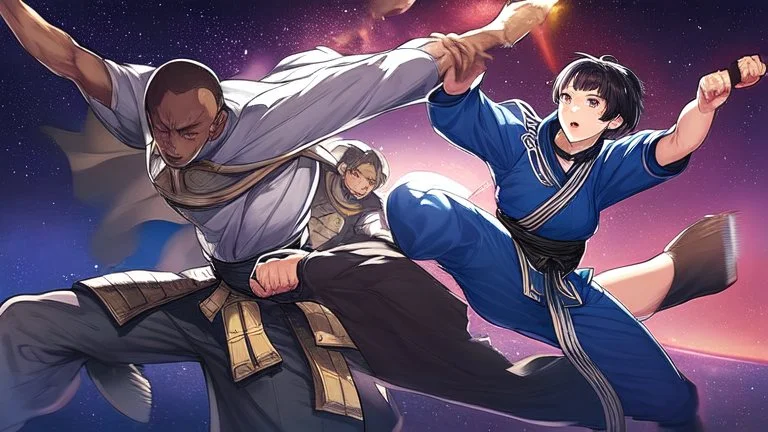 Martial Arts master, kicking, fighting, short hair, epic, space, planetary