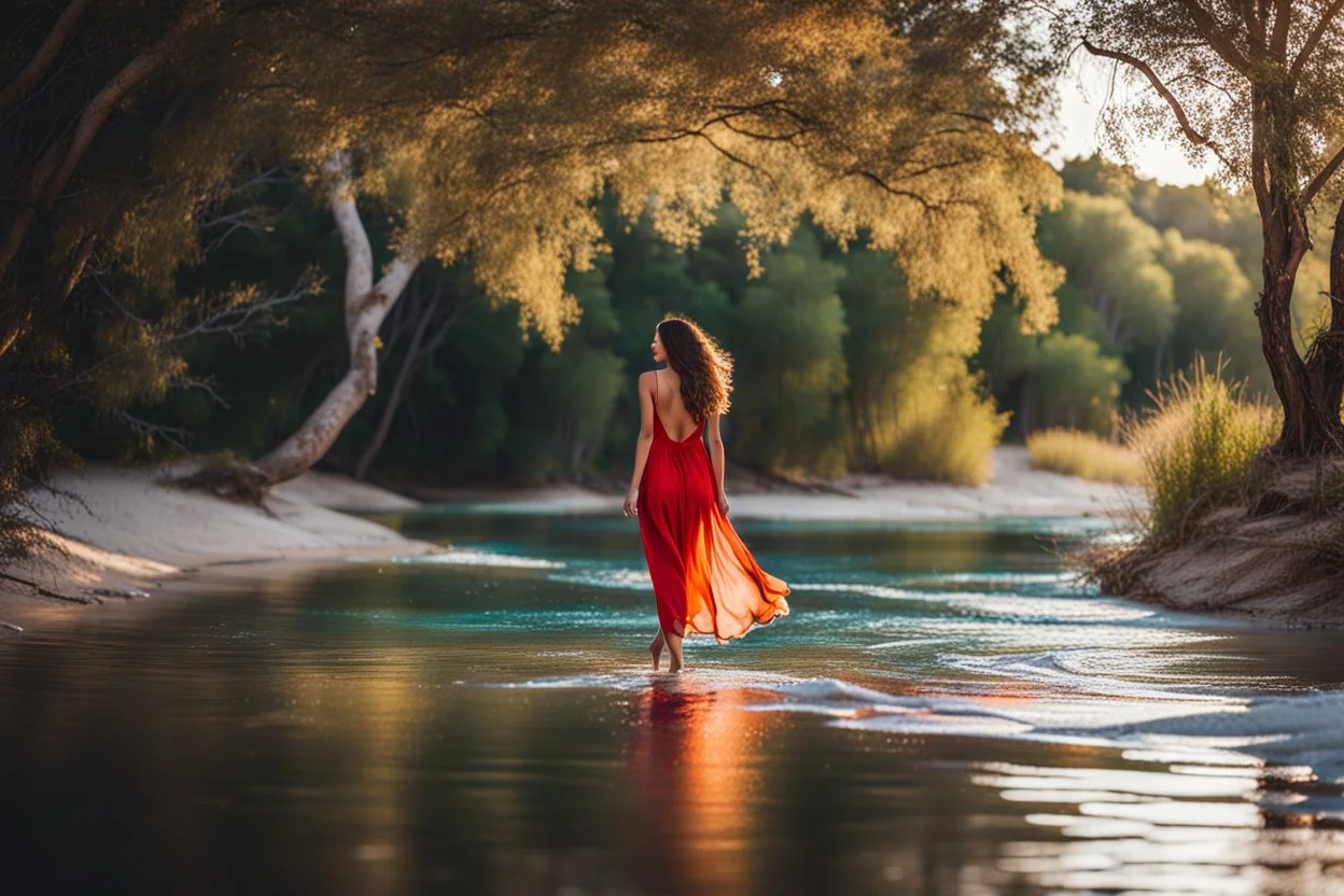 beautiful girl in pretty dress walking in water toward camera in trees next to wavy river with clear water and nice sands in floor.camera capture from her full body front