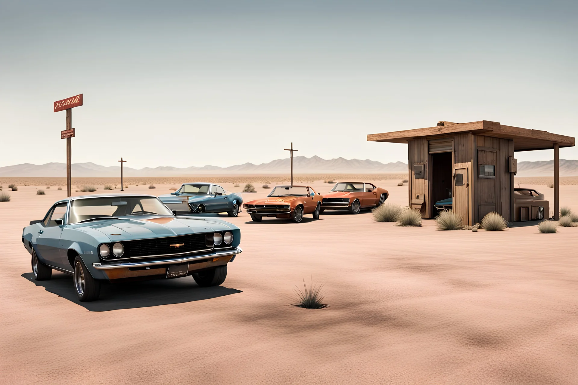 Fotorealistisch Autohof in einer endlosen flachen Wüstenebene, vollgeparkt mit dutzenden stark verwitterter aber fahrtauglichen Chevrolet Camaro, von 1967 bis 1981, in verschiedensten Farben, im Hintergrund eine Holzbaracke mit Zapfsäule und daneben ein Latrinenhäuschen