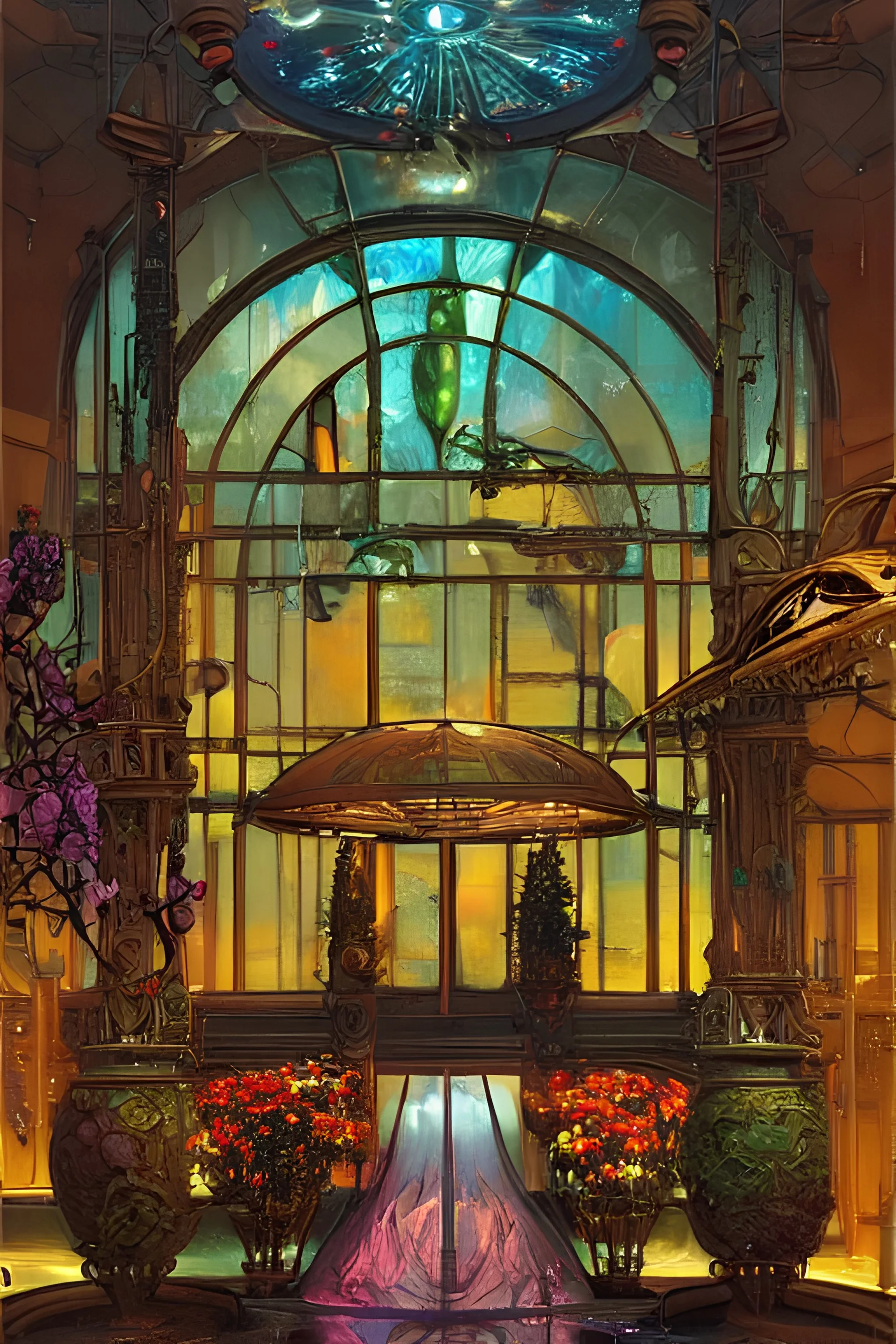 music studio a minimalist bioluminescent oil painting by donato giancola, warm coloured, cinematic scifi luxurious futuristic foggy steam filled victorian garden circular shopping mall courtyard with microscopy stained glass flowers growing out of pretty bulbous ceramic fountains, gigantic pillars and flowers, maschinen krieger, beeple, star trek, star wars, ilm, star citizen, mass effect, artstation, atmospheric perspective