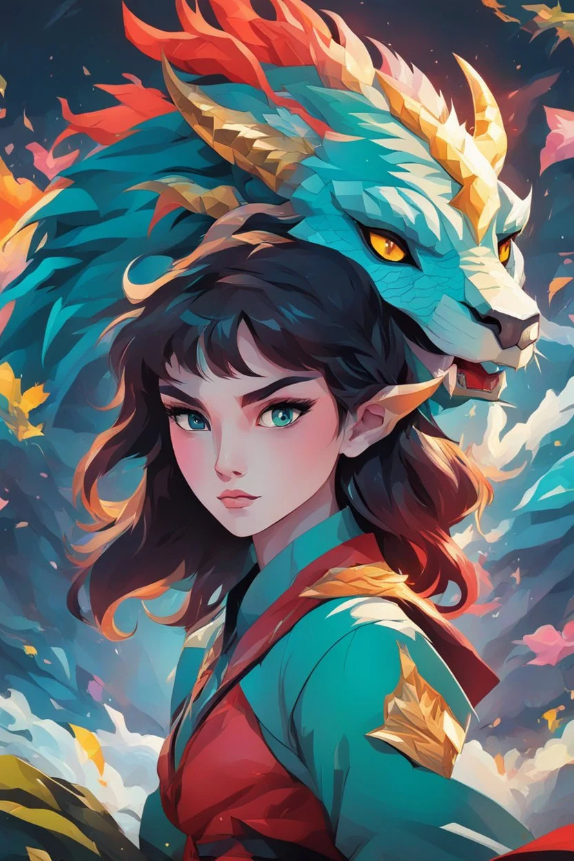 A dragon mixed with a mythical lion and a human female elf.Dramatic and powerful look and feel. Extensive attention to details. Bold lines. Vivid colors. 80s style retro anime art. Double exposure. cartoon style. cubism style