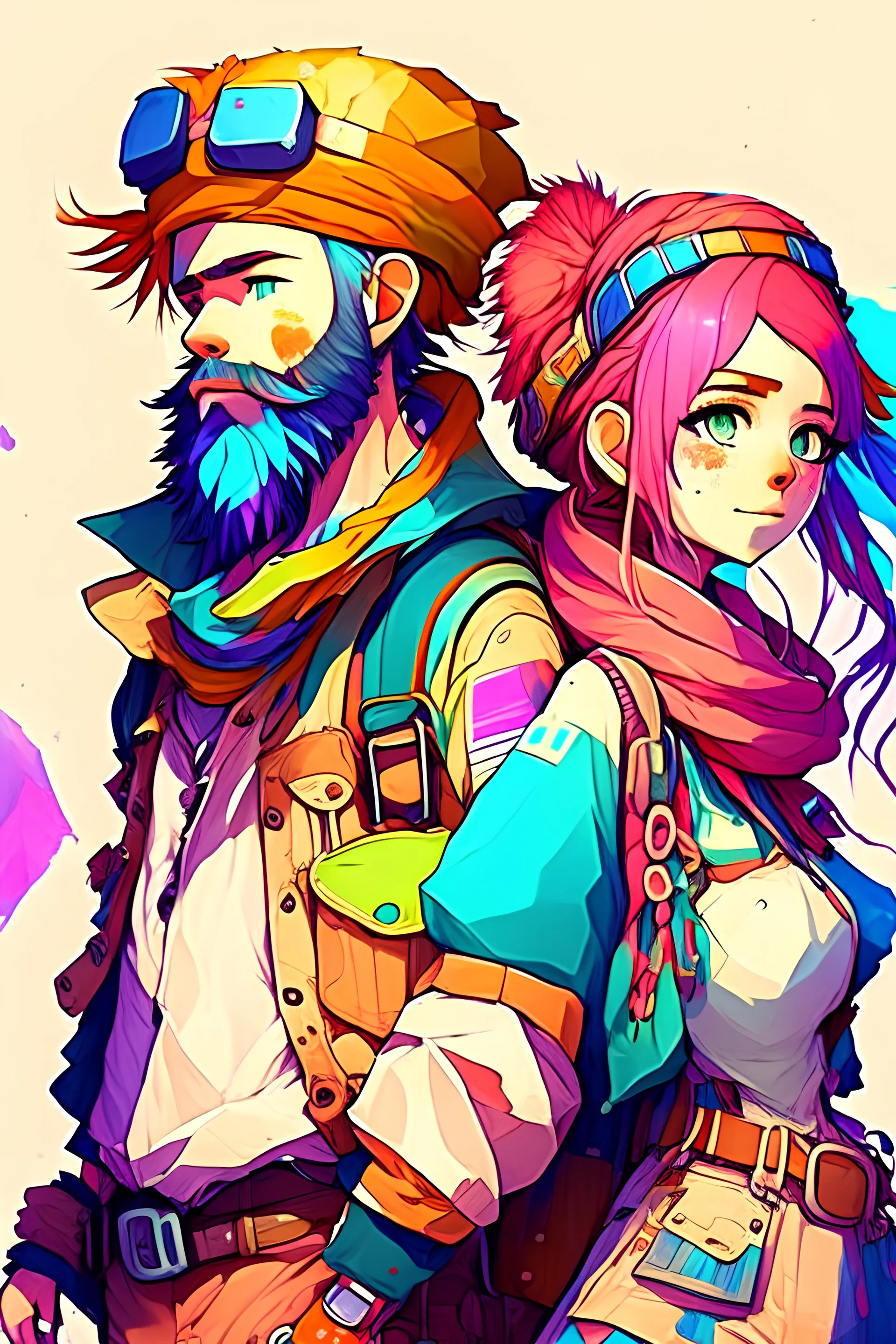 anime couple, adventurers, colorful, man with beard