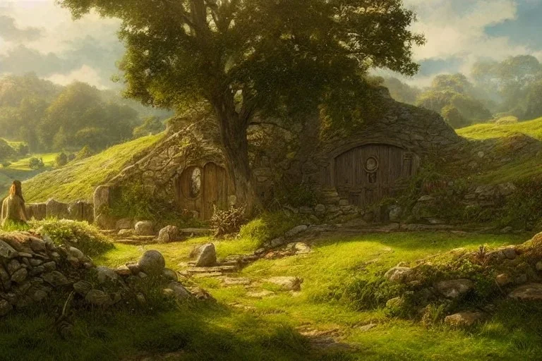 the shire, scenery landscape, lord of the rings, highly detailed, perfect lighting, perfect composition, 4 k, artgerm, derek zabrocki, greg rutkowski