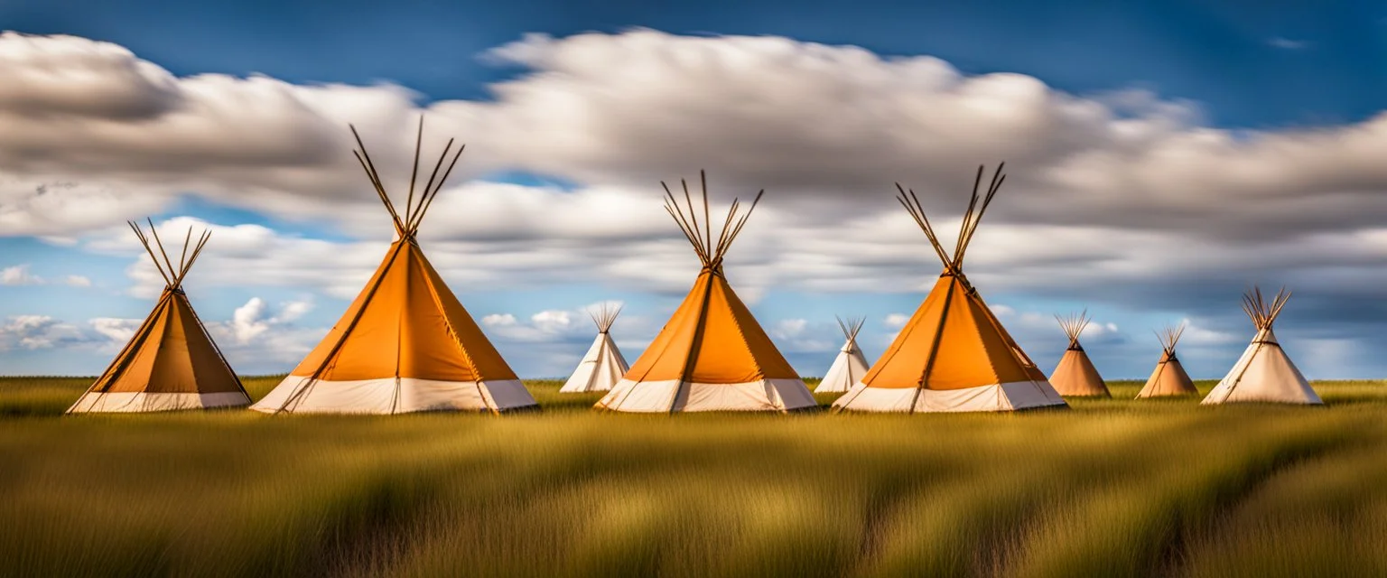 Prairie landscape, living skies, 1 large teepee and 3 smaller teepees, historically authentic, summer