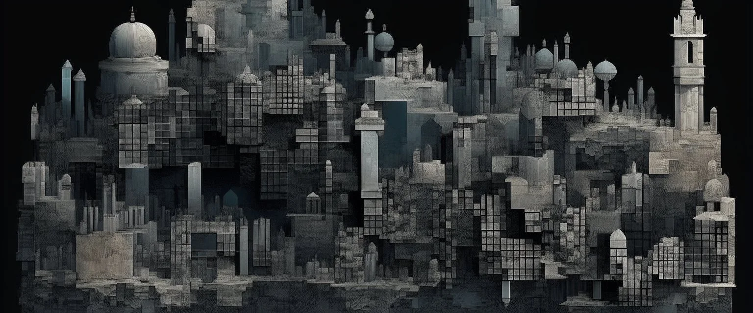 A dark gray digital realm with pixelated floating buildings designed in medieval tapestry painted by Raymond Duchamp-Villon