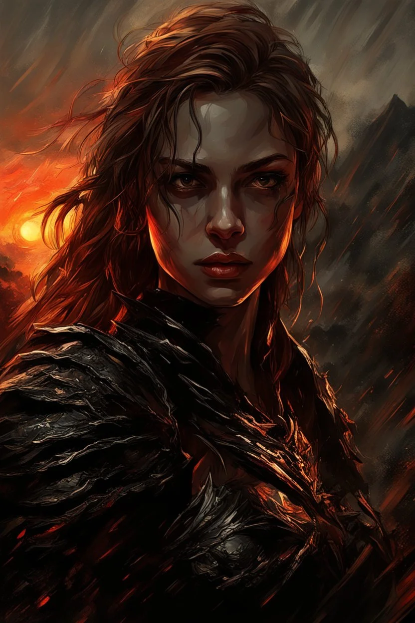 A formidable warrior girl in black armor, on the background Amazing gloomy landscape, flooded with sunset, mountains, trees, fabulous scary hero, , juicy emotions, painting, dark fantasy, bad weather, gloomy day, dark world, by Raymond Swanland & Alyssa Monks & Anna Razumovskaya & James Paick