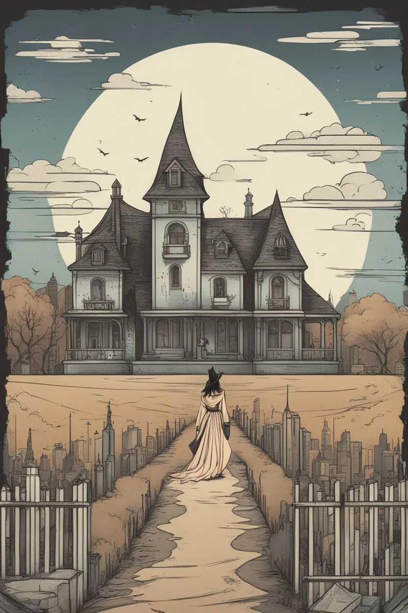 Woman looking like a modern day witch with flowing clothes with a city behind her