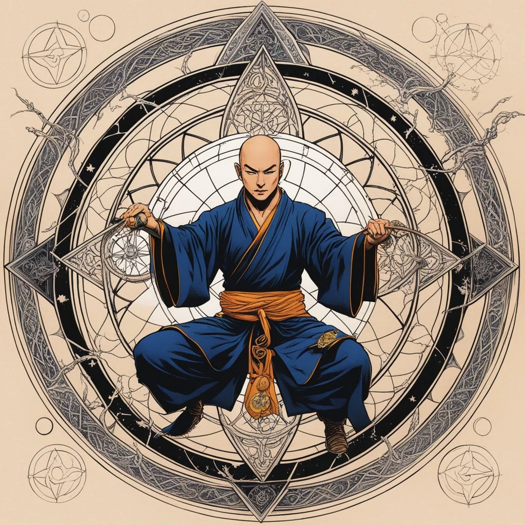 (in the style of Orion, by Masamune Shirow) a Shaolin monk casting a magic spell in the middle of a pentacle, magic is in the air