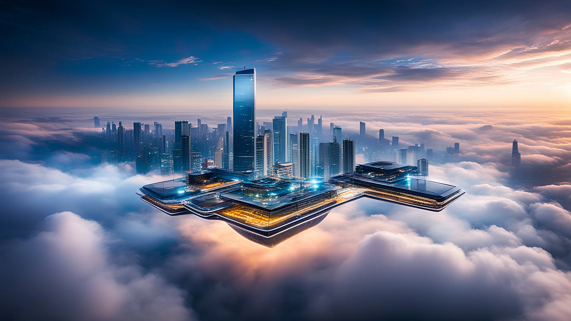 A city floating above the earth, high up in the clouds, sleek, futuristic skyscrapers pierce the sky, floating walkways connect the buildings, advanced hovercrafts move through the air. The clouds below shift and change colors, reflecting the vibrant city lights. Award-winning photograph, beautiful composition, very detailed, 80mm focal length, rule of thirds.