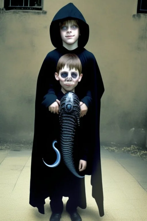 7 year old boy, necromancer, friendly, looks dead,with a long lamprey emerging from his belly , wearing black robes, in the style of H.R. Giger