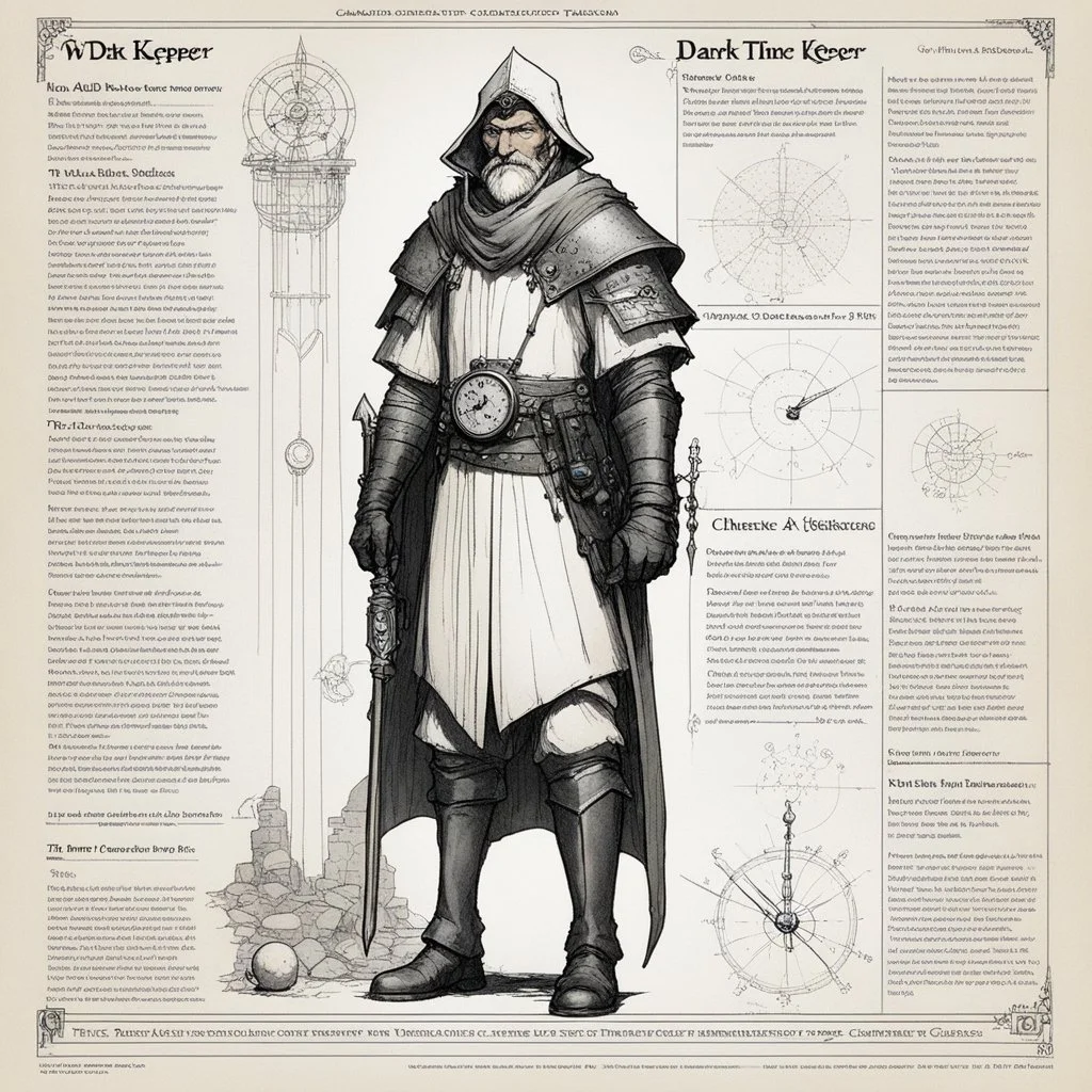 character concept sheet with AD&D statistics and characteristics, [illustration by W. Heath Robinson] the dark keeper character class, his powers are Time Laps Back, Retain and night vision