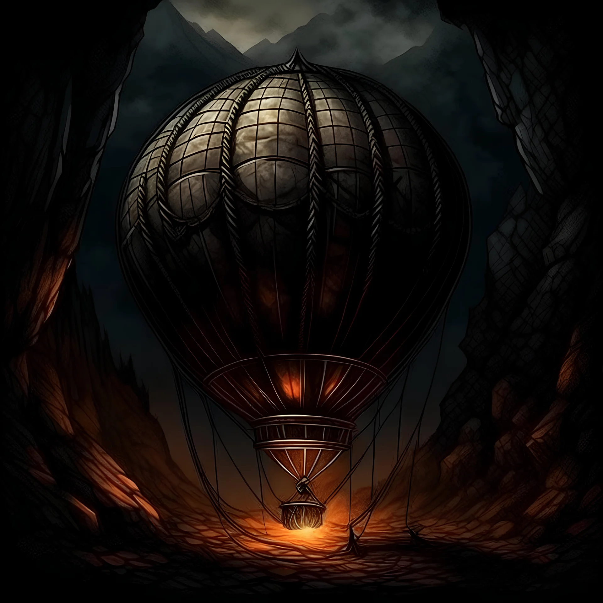 big hot air ballon with basket, , ballon in a huge cave, dark, stone, fire of the ballon only light, drawing, details