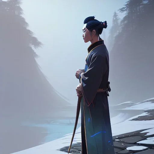 A man in old Japanese clothes standing in nature while it is raining. It is winter , Raining, high quality , high details , unreal engine, dream style , magic style ,