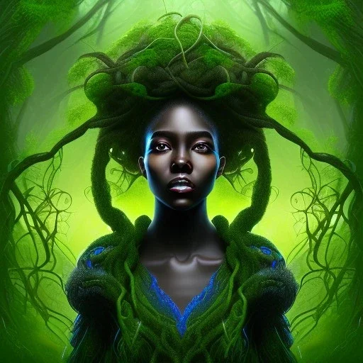 Painting .the face of A young black woman. A wood nymph emerging from the forest. Her hair looks like vines. Dreadlocs. Her skin is the colour of dark soil. Her skin looks like tree bark. Her clothing is made of vines, grass and leaves.