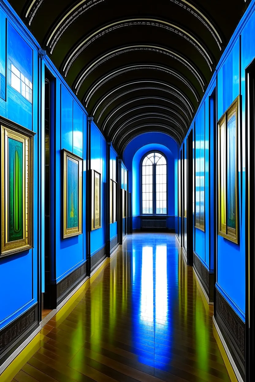 An exhibition of paintings whose side walls are in the shape of an oval and made of blue glass and its floor is light with a wall in the middle of the hall to divide it into two parts with a corridor at the beginning and end of the wall and the paintings displayed are old and historical