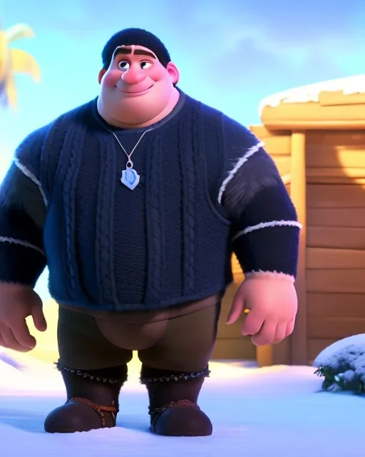 A short guy with a round head and big muscles wearing a net undershirt, a jacket, and a beanie that does not cover the ears. He has a small chain around his neck, baggy pants, and white wooden shoes.