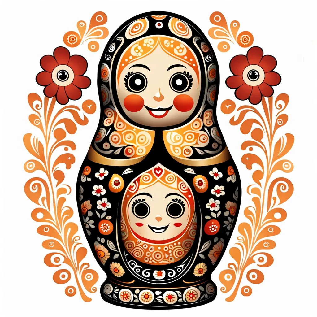 draw matryoshka dolls, the matryoshka is smiling, the kind sweet face of the matryoshka doll, behind the matryoshka Russian patterns in the style of Khokhloma