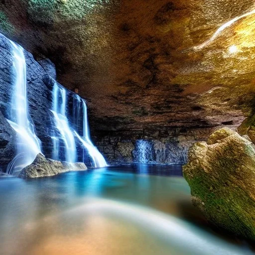 Cybeepunk picture, fantasy, cave water falls, highest peak island,