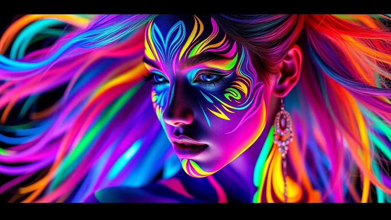 a striking model with colorful hair and body paint, professional body paint, colorfull digital fantasy art, psychedelic goddess, neon light and fantasy,colorful glow, bodypaint, full body art, body paint, full body painting, fullbody painting, vibrant fantasy style, glowing neon skin, glowing with colored light, neon ink, bold and vivid colors, high-definition resolution, professional photography, dramatic lighting to enhance neon shades, Vibrant neon body paint art, intricate eyeshadow design,