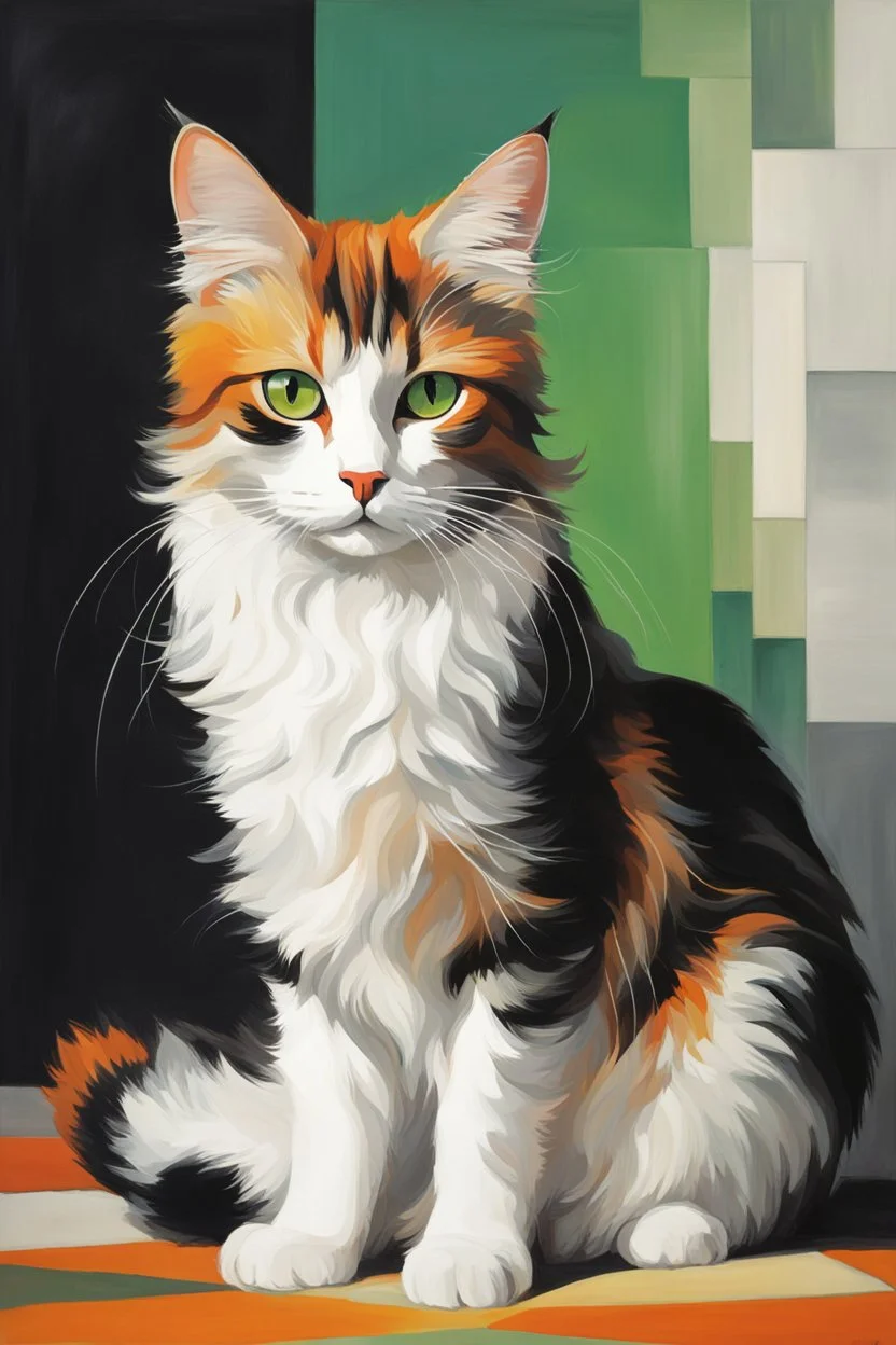 Bauhaus art of a beautiful cat with long, wavy, thick hair, pointed ears, bright green eyes, orange, black and white colors, ultra quality, (((full body))), sitting on the floor