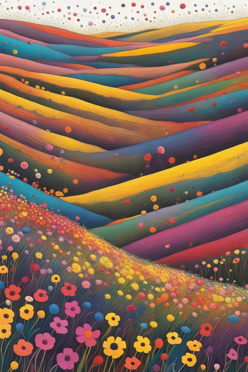 A field of colorful flower, the return to innocence, abstract, weird, childlike, chaos80
