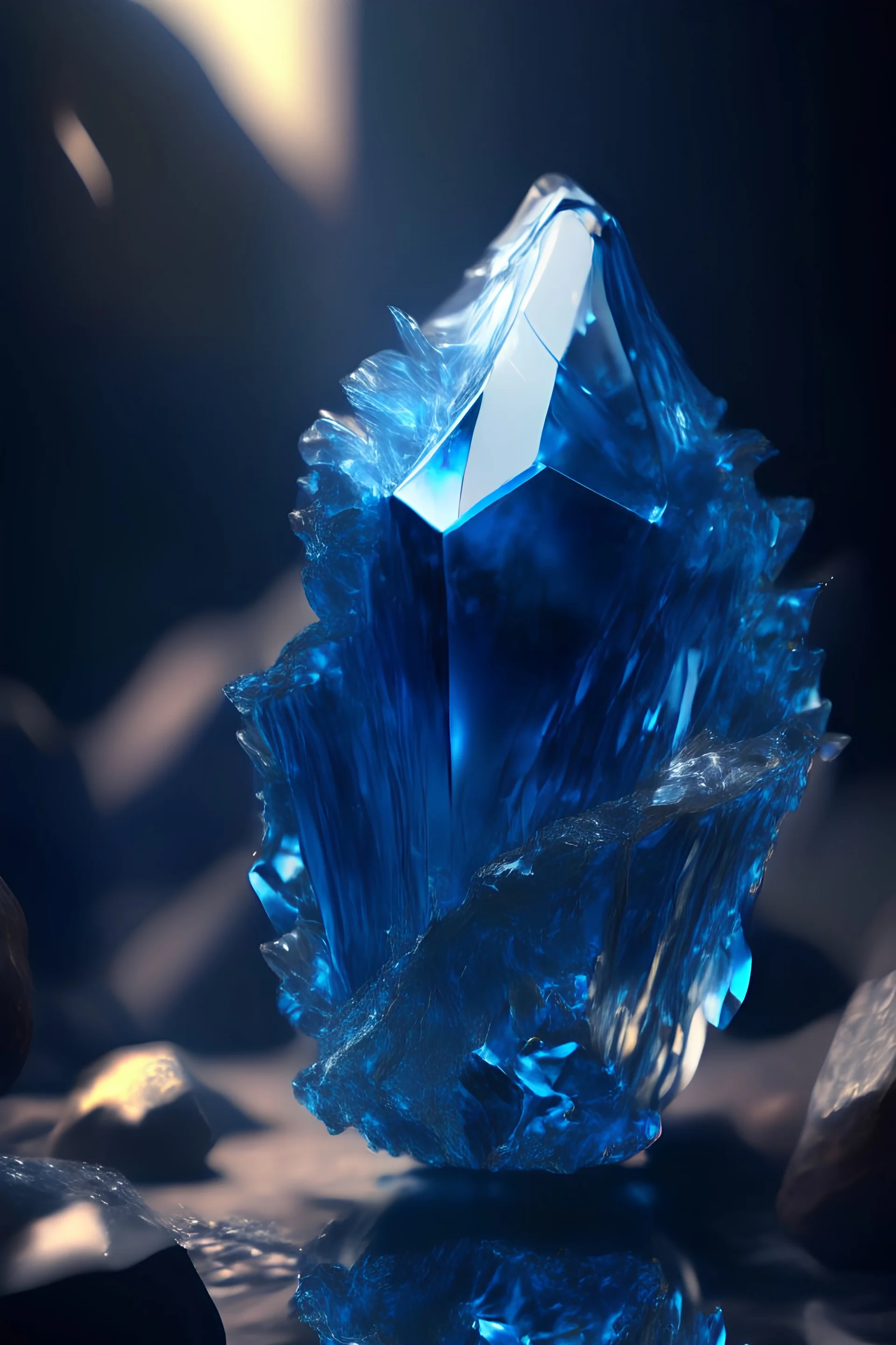 transparent gemstone Methuselah , in blue fire chrome casino, high detail, 8k, cinematic, depth of field, art