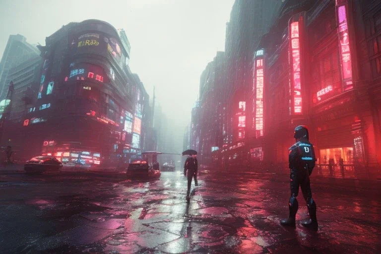 3D, beautiful, light reflecting, empty city at night, rainy night, neon, cyberpunk, tron, person with helmet walking