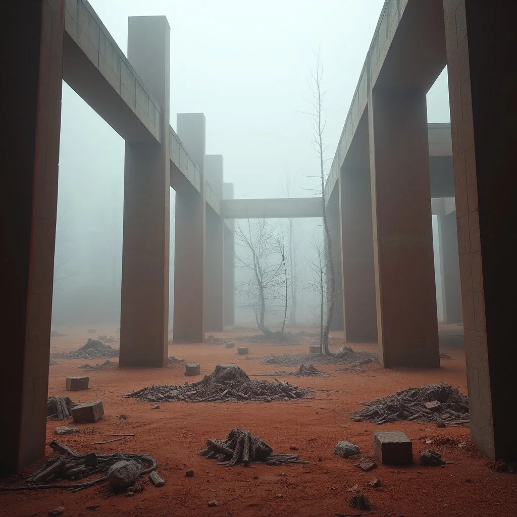 Photograph, mortar, rags, alberi, nebbia, struttura rossa, concrete structure, molta nebbia, brutalist style, paranoid light, con muratori e ingegneri, concretions, felt, fog, powder, nightmare, minimalist, details of the dust very accentuated, 8k, deep 3d field