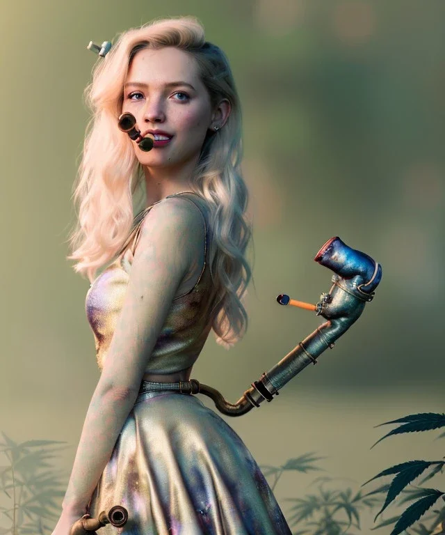 Ultra realistic photographic portrait, happy blonde woman smoking a pipe in Wonderland, wide angle view, smile steampunk dress style, marihuana plants, color fog, color smoke, soft color, highly detailed, unreal engine 5, ray tracing, RTX, lumen lighting, ultra detail, volumetric lighting, 3d, finely drawn, high definition.